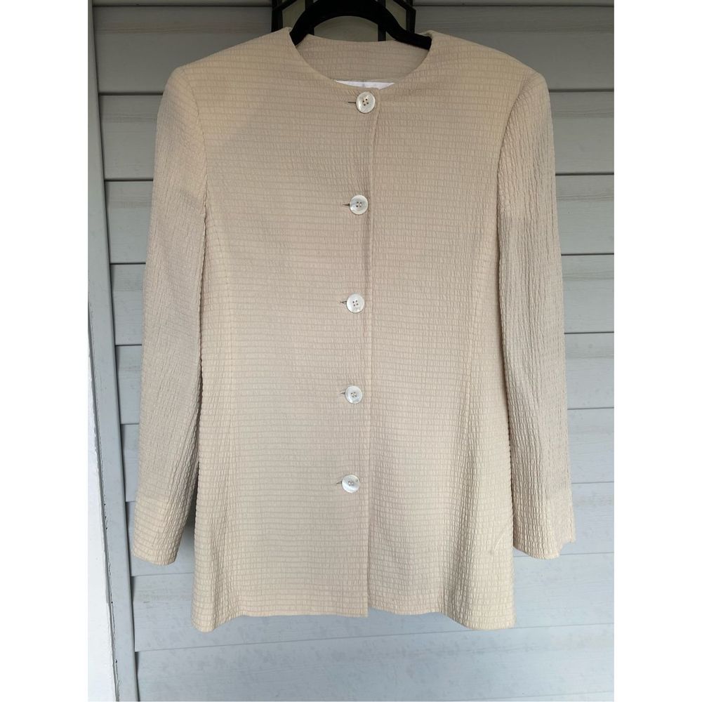 Genny Ivory Crinkle Light Wool Button Up Classic Italian Jacket Blazer Size 8